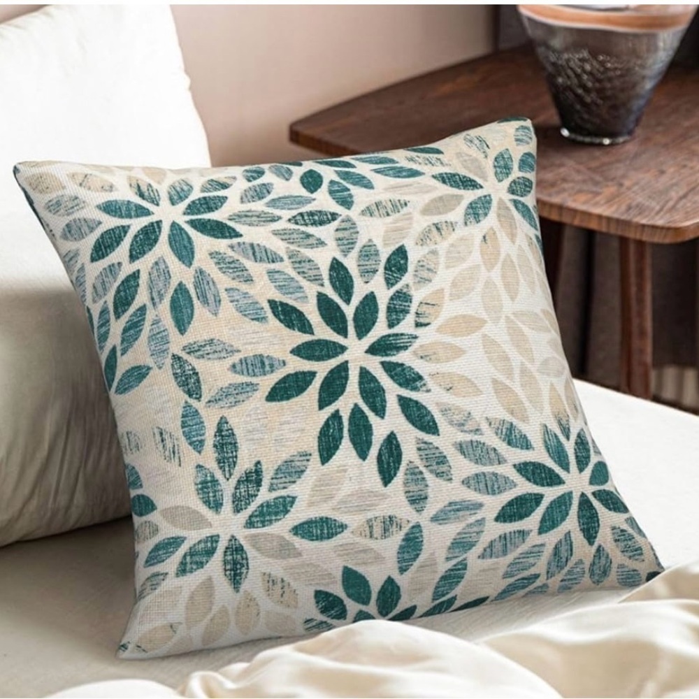 Teal Dahlia Lumbar Pillow Covers 20 x20 In Rustic Geometric Flower set of 2